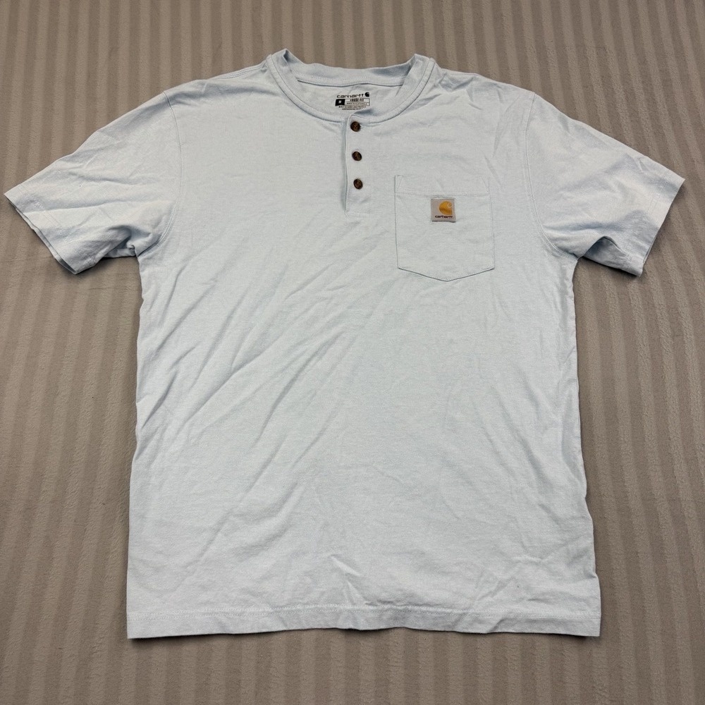 Carhartt T-Shirt Men's XL Blue Short Sleeve 1/4 Button Loose‎ Crew Neck Pocket
